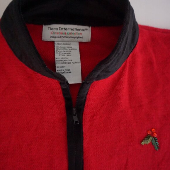 Vintage Tiara Intl Red Black Holly Cardinal Mistletoe Zip Up Christmas Sweater L - Picture 10 of 10